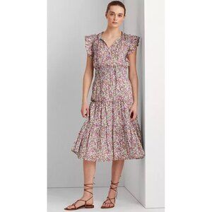 Ralph Lauren Floral Crinkle Tiered Dress Women 6 Ruffle Midi Dainty Peasant Farm